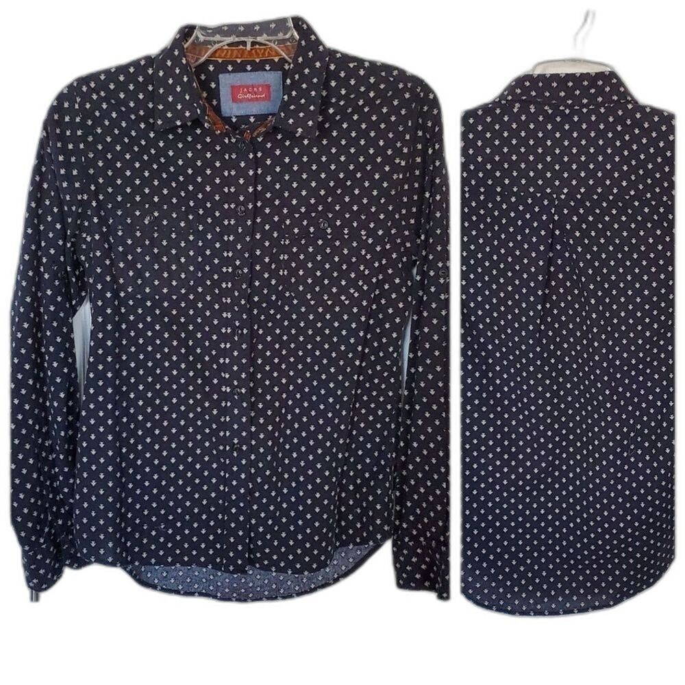 NWT Jachs Girlfriend Women's Button-up Sz Shirt Small Blue Cream Cotton Flannel
